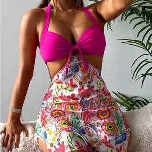 New 3 piece Vibrant Pink and Floral Halter Swim Set - SZ L